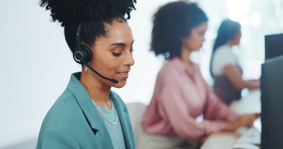 Contact us, crm or black woman in a call center consulting, communication or speaking of loan advice at office desk. Telemarketing, customer support or African agent helping a life insurance client | Shutterstock HD Video #1099711883