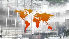 Animation of financial and business data processing with world map over cityscape. Global finances, business, connections and data processing concept digitally generated video. - Powered by Shutterstock - Get 15% off with code: PIKWIZARD15