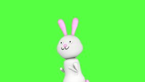 3D character of a cute rabbit funny dancing on a green screen background. 3D animation.