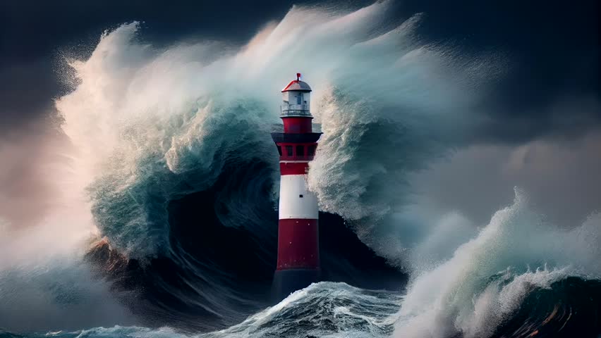 Animated waves surrounding a lighthouse. Video loop 30 seconds Royalty-Free Stock Footage #1099720511