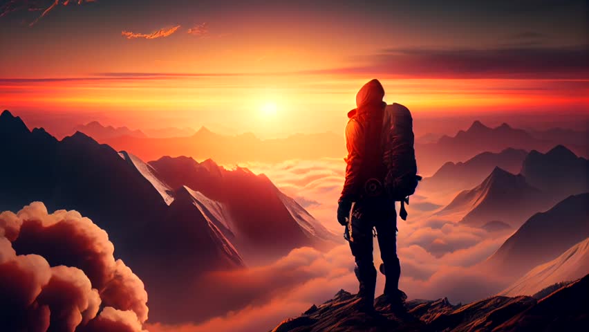 A traveler, a climber stands on a mountain above the clouds. Animated movement of clouds. Video loop 30 seconds Royalty-Free Stock Footage #1099720823