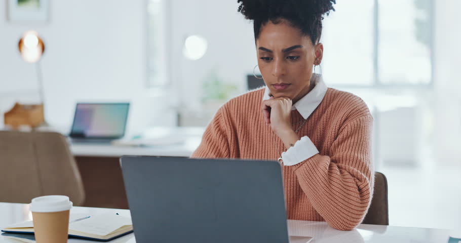 Business, stress and woman with laptop, tired and overworked in office, burnout and stress with mental health. Female, girl and administrator with fatigue, frustrated and online work for schedule. | Shutterstock HD Video #1099726349