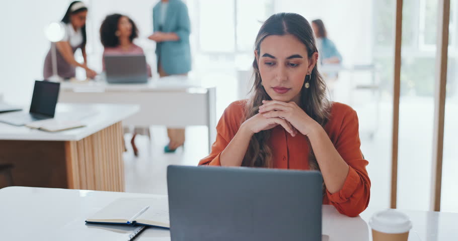 Business, stress and woman with laptop, tired and overworked in office, burnout and stress with mental health. Female, girl and administrator with fatigue, frustrated and online work for schedule. | Shutterstock HD Video #1099726353