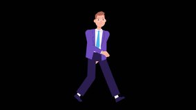man character walking animation, ALPHA channel, transparent background. Animated stock footage, 2d flat cartoon style. businessman walk cycle looped animation