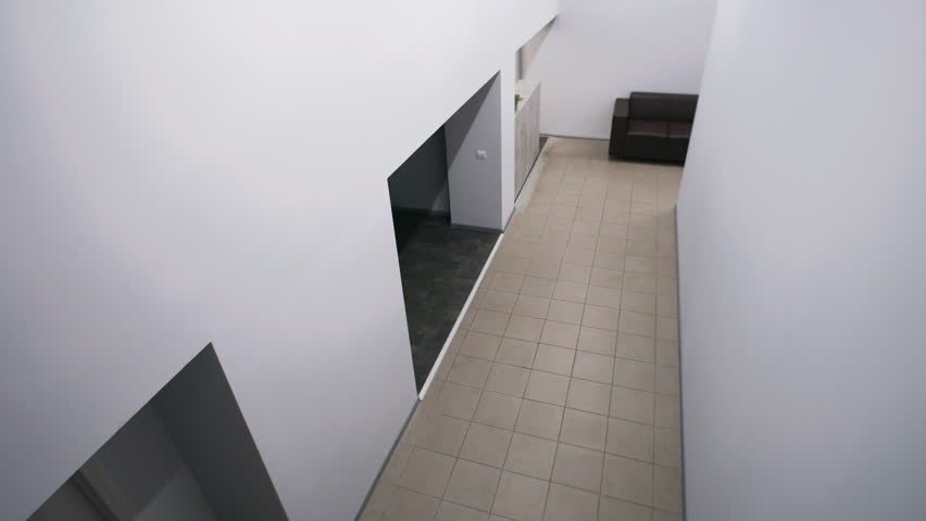 Female secretary goes to workplace. Colleagues meeting and greeting at corridor, discussing plans. Man in glasses comes to reception and takes work papers. Business center. Security camera shooting.