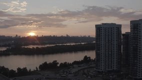 The general plan of the city overlooking the Dnieper River. Sunset. Summer. Aerial. Ukraine. Kyiv. Metro bridge