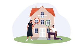 Property search concept. Moving male and female buyers or real estate agents inspecting house or apartment before purchase, mortgage or renting. Buying home ownership. Flat graphic animated cartoon