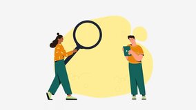 Data analysis concept. Moving man and woman with magnifying glass studying charts, dagrams and company financial statistics. Working with information and accounting. Flat graphic animated cartoon