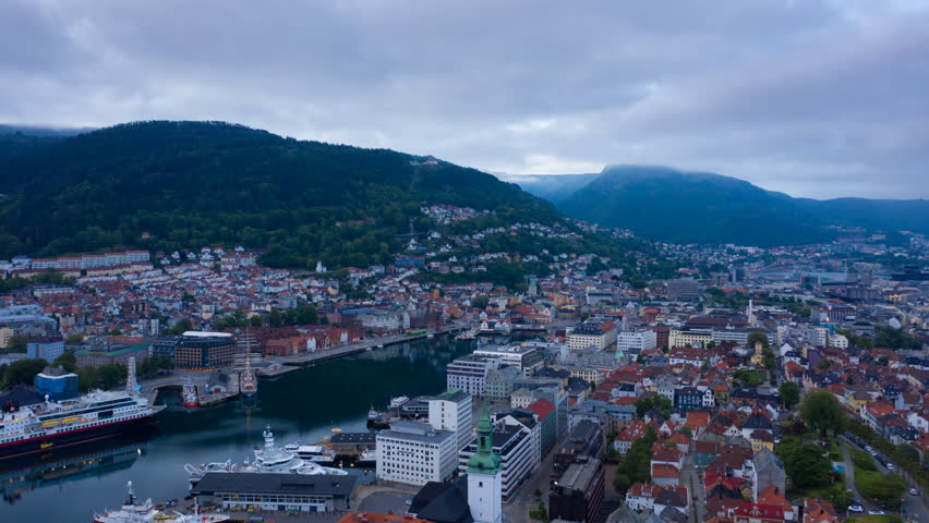 Beautiful areal shot of dawn in Bergen, early morning before the city wakes up. 