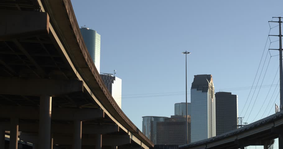 Low angle aerial view of downtown Houston