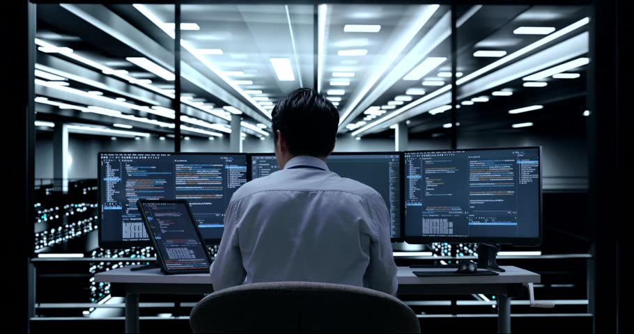 Back View Of Asian Male Programmer With A Tablet Writing Code By Desktops Using Multiple Monitors Showing Database On Terminal Window In The Server Room
 Royalty-Free Stock Footage #1099738433