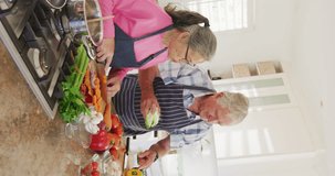 Vertical video of happy diverse senior couple cooking in kitchen. Active retirement and lifestyle concept.