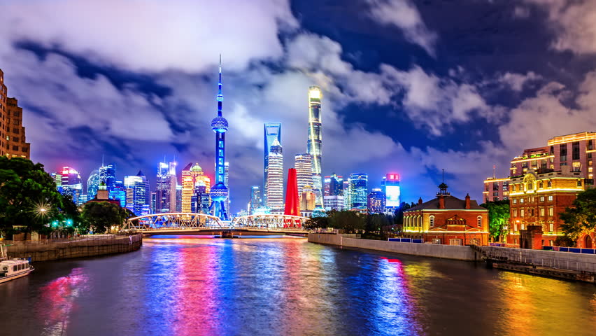 Beautiful city skyline and modern buildings scenery in Shanghai at night, China. 4K Time lapse.