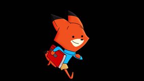 Animation of cute fox running with notebook. Going to school. Isolated and cyclic cartoon video on transparent background.