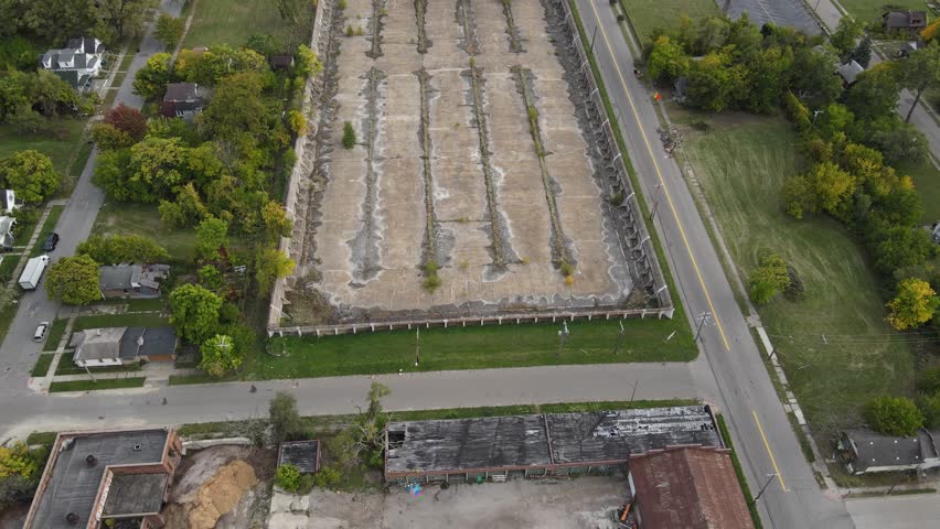 Abandoned reservoir of Highland Park in Detroit city, aerial view