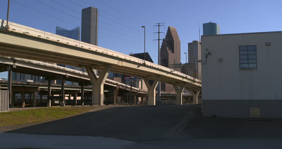 Low angle aerial view of downtown Houston