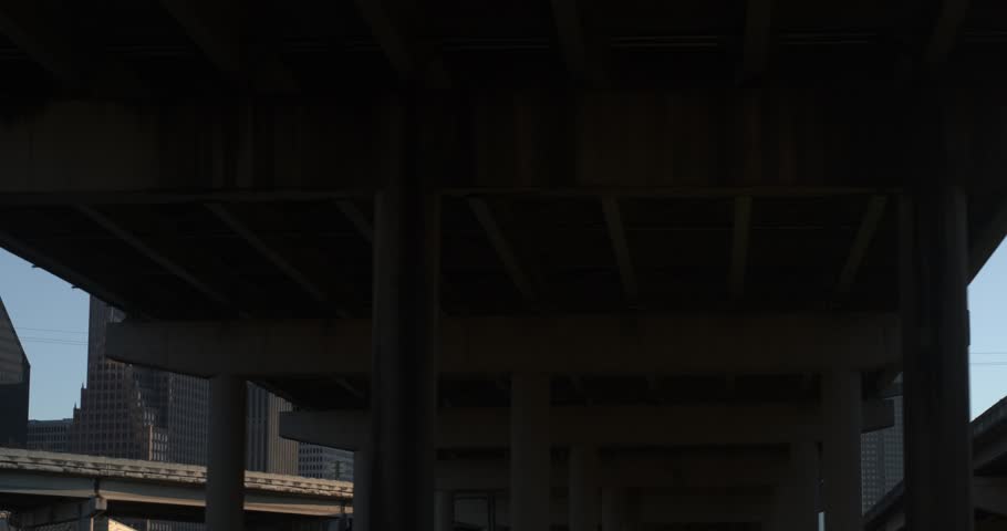 Low angle aerial view of downtown Houston