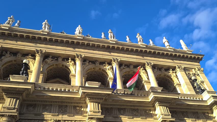 Hungarian State Opera House, Budapest. Exterior of Landmark on Sunny Day, Close Up
