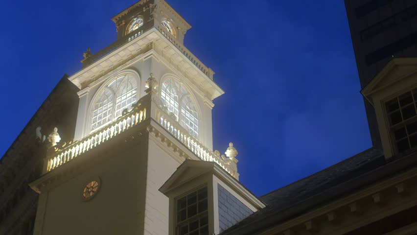 Tower Of Historic Old State House In Boston Illuminated At Night. closeup, low angle