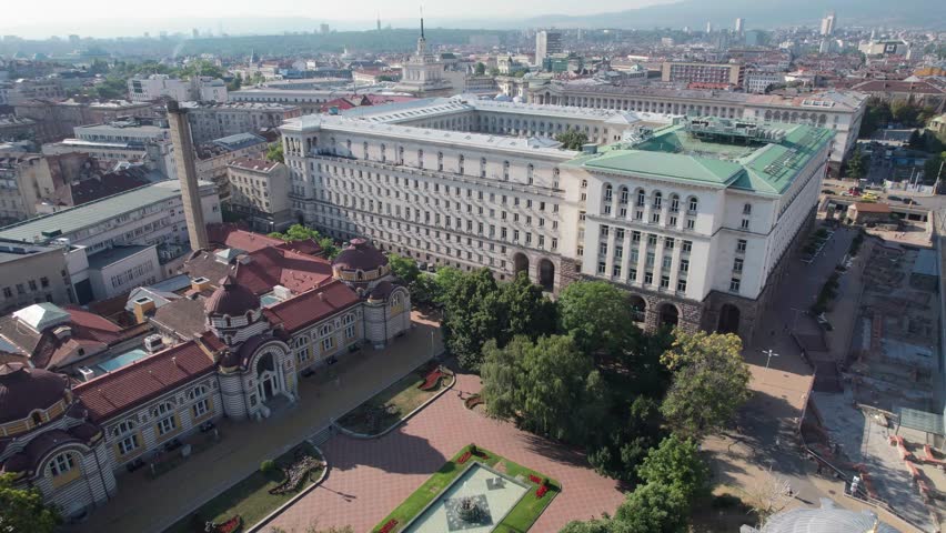 Panoramic aerial drone of political government buildings and museums in Sofia, Bulgaria | Shutterstock HD Video #1099743289