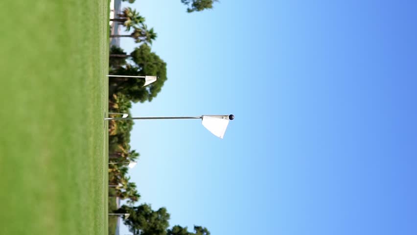 Golf pennant waving, over a golf hole. Vertical shot.