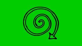 Animated icon of spiral arrow spins. Black symbol rotates. Looped video. Hand drawn vector illustration isolated on green background.

