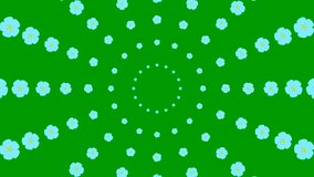 Animated increasing blue beautiful flower circles from the center. Flower background. Looped video. Concept of spring. Vector illustration isolated on green background.
