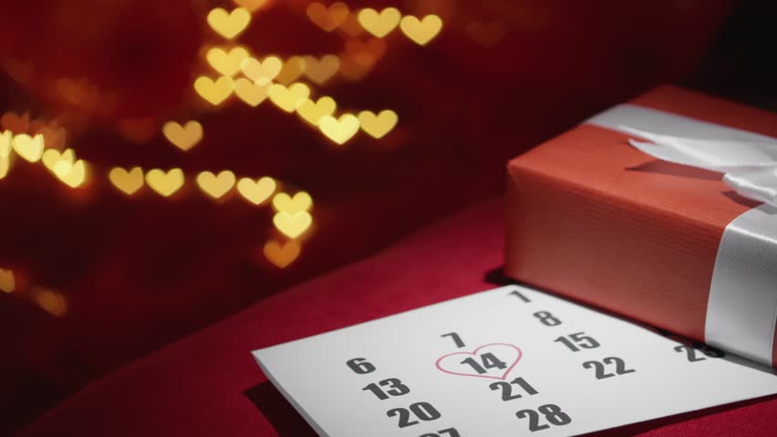 A gift for Valentines Day. Gift box on a red background with hearts. On the calendar, February 14 is the celebration of the event. Heart valentines. Romantic Valentine