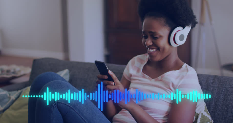 Animation of data processing over african american woman using smartphone and headphones. Global connections, digital interface, computing and data processing concept digitally generated video.