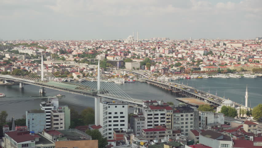 Awesome aerial view of the Golden Horn in Istanbul, Turkey. Panning motion. Amazing city view from the Galata Tower. Istanbul skyline. Istanbul is a popular tourist destination in the world.