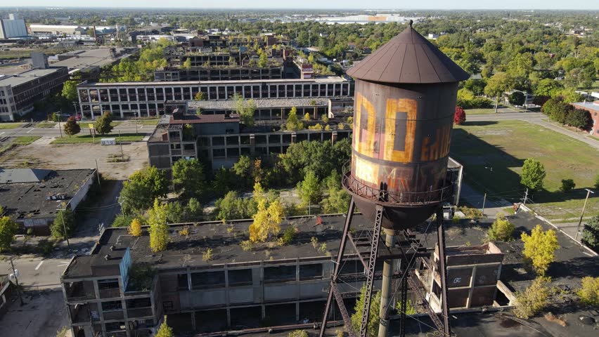 Rusty water tower and Old Packard Plant in Detroit, aerial drone view