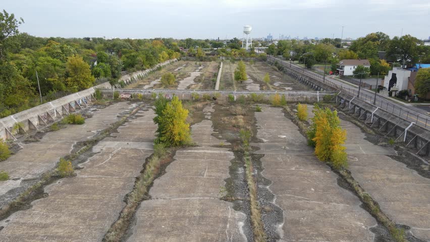 Trees and plants growing in old concrete water reservoir, aerial drone view
