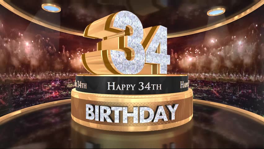 34th birthday animation in gold and diamonds with fireworks background, 
Animated 34 years Birthday Wishes in 4K 