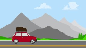 Animation of a red car moving on a mountainmountains background. The car drives along the mountain road. The cartoon car drives along the fields.