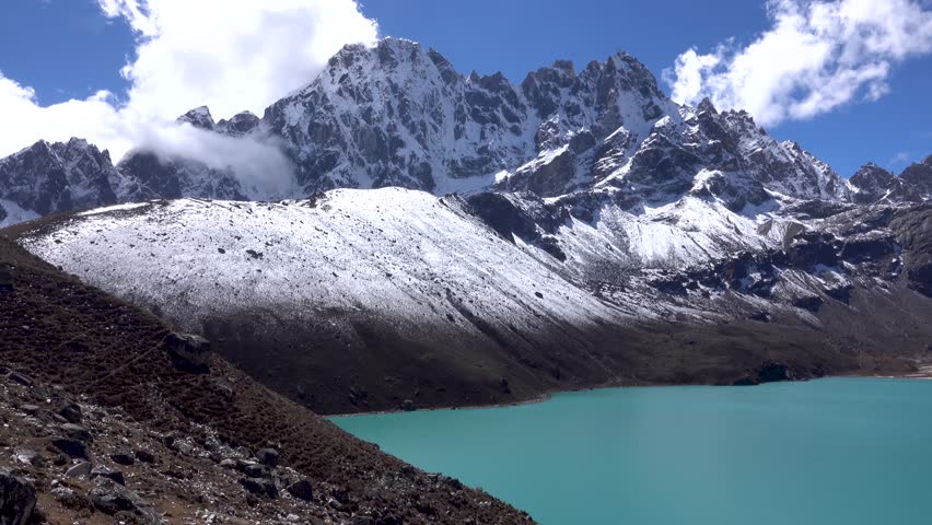 Beautiful turquoise Gokyo lake with clear blue sky,
 few clouds and snow covered Himalaya mountains, pan shot,2023
