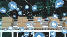 Animation of network of connections with icons and data processing over boxes on conveyor belt. Global connections, technology and digital interface concept digitally generated video. - Powered by Shutterstock - Get 15% off with code: PIKWIZARD15