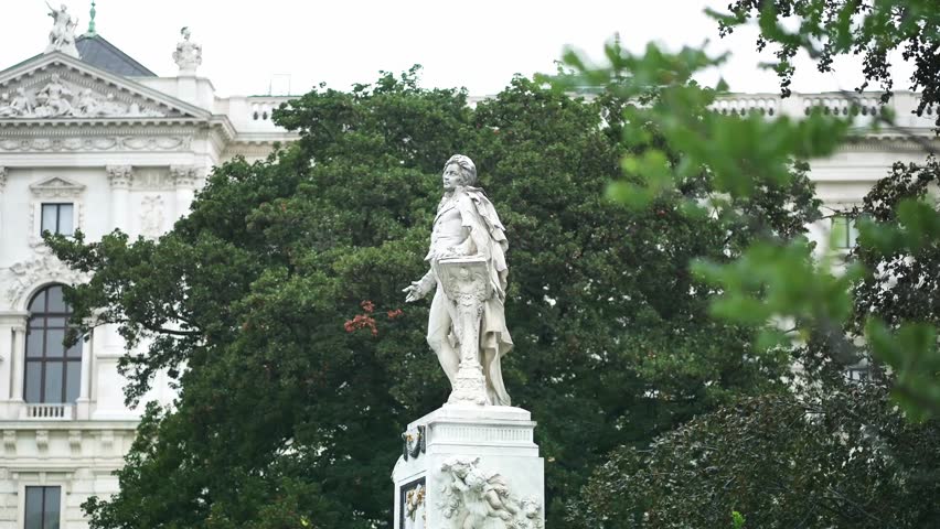 Vienna, Mozart statue in Burggarten. Wolfgang Amadeus Mozart. Travel destination for tourist visiting Austria. Europe summer tourism.