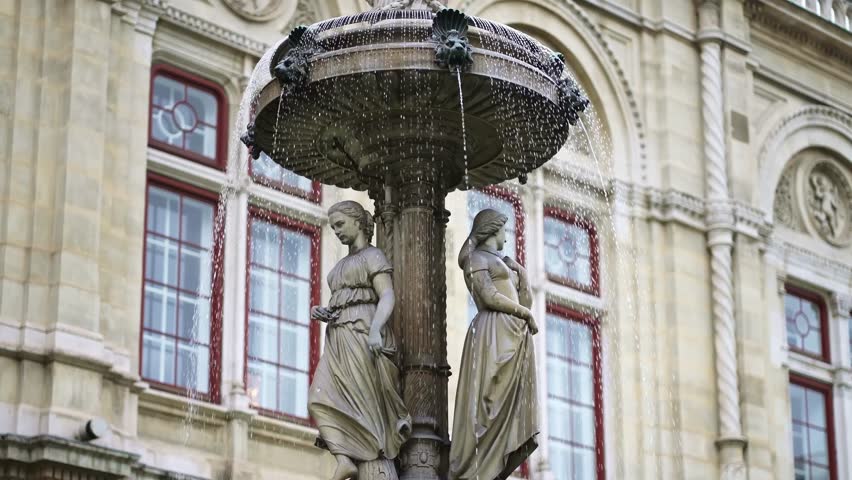 Fountain in front of the Vienna Opera House, Austria. Historic venue for classical opera, ballets, music theater and concerts.