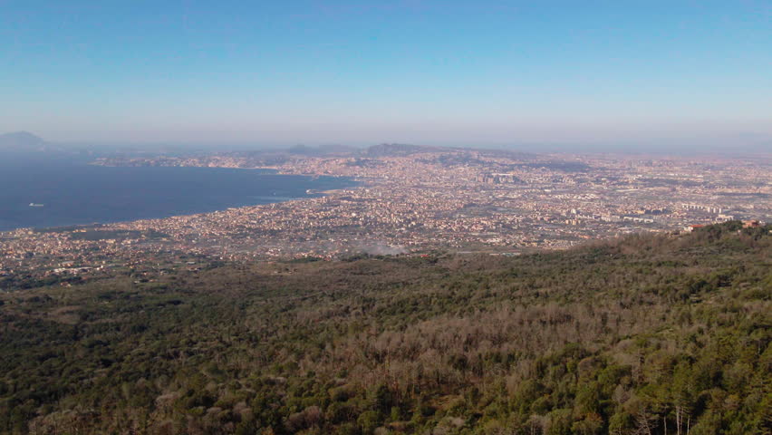 Aerial view across Amalfi, Italy Naples cityscape coastline across the horizon