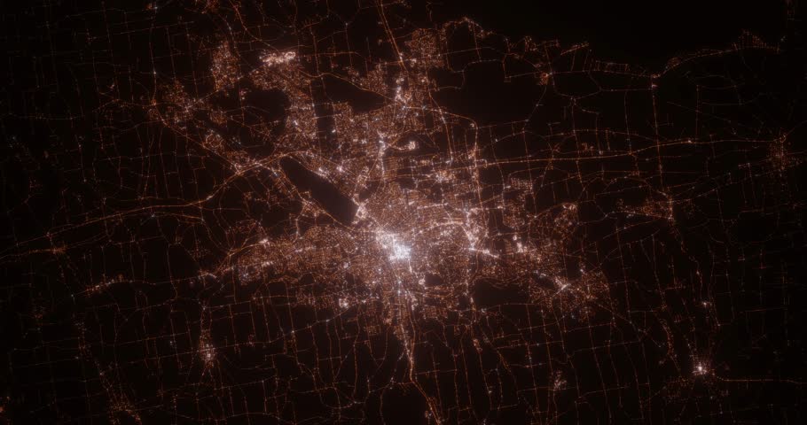 Syracuse (New York, USA) aerial view at night. View on modern city from space. Camera is zooming in, rotating counterclockwise | Shutterstock HD Video #1099774791