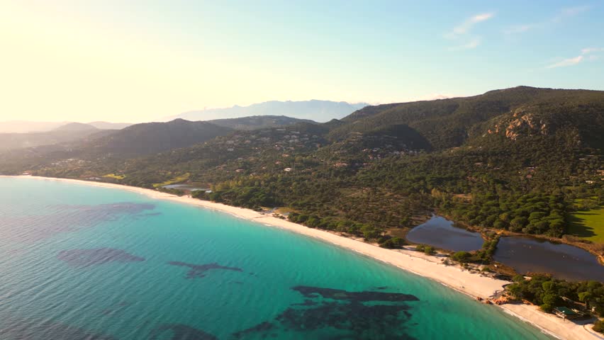 4K Drone view of Palombaggia beach in Corsica Island, France 
