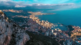 Sunset of coastal modern city and skyscrapers, Monaco, time lapse, 4K