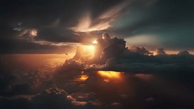 Flying above dramatic sunset cloudscape with sun shining through, detailed picturesque cockpits view, camera moving to beautiful clouds, amazing CG animation.