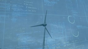 Animation of financial data processing over wind turbine. Global sustainability, wind energy, business, finances, computing and data processing concept digitally generated video. - Powered by Shutterstock - Get 15% off with code: PIKWIZARD15