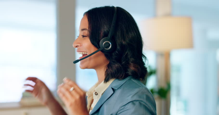 Business woman, call center and smile for telemarketing, customer support or help advice with headset at office. Female employee consultant or agent talking and working on computer for online sales | Shutterstock HD Video #1099783515