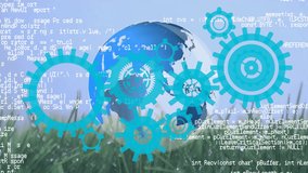 Animation of moving cogs and globe over data processing on meadow. global network, data processing, communication and technology concept digitally generated video. - Powered by Shutterstock - Get 15% off with code: PIKWIZARD15
