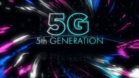 Animation of 5g and data processing over globe and lights on black background. global network, data processing, communication and technology concept digitally generated video.