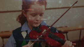 Animation of icons, warning, firewall over caucasian girl playing violin at school. network, connections, education, learning and technology concept digitally generated video.