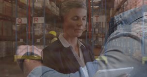 Animation of financial graphs over caucasian female warehouse worker. business, finance and delivery services concept digitally generated video.