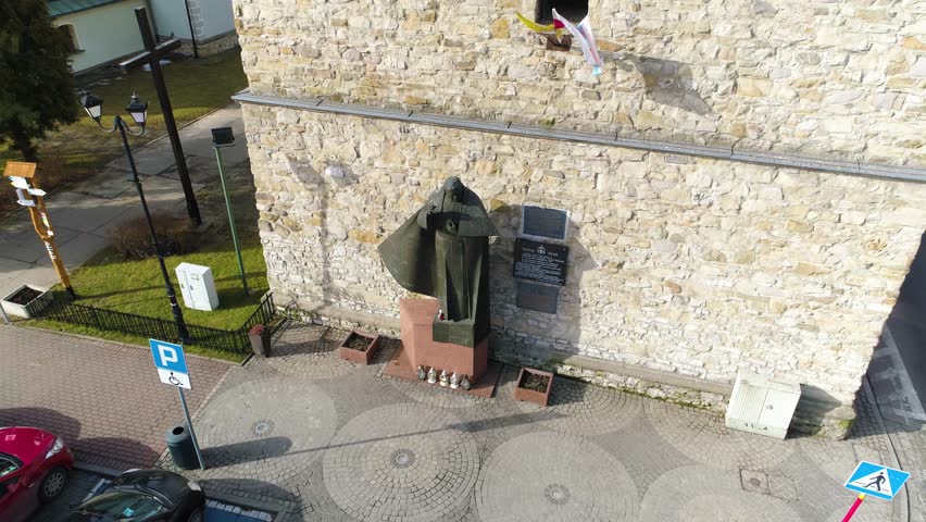 Monument Of John Paul Under The Bell Tower In Zywiec. Polish Aerial View